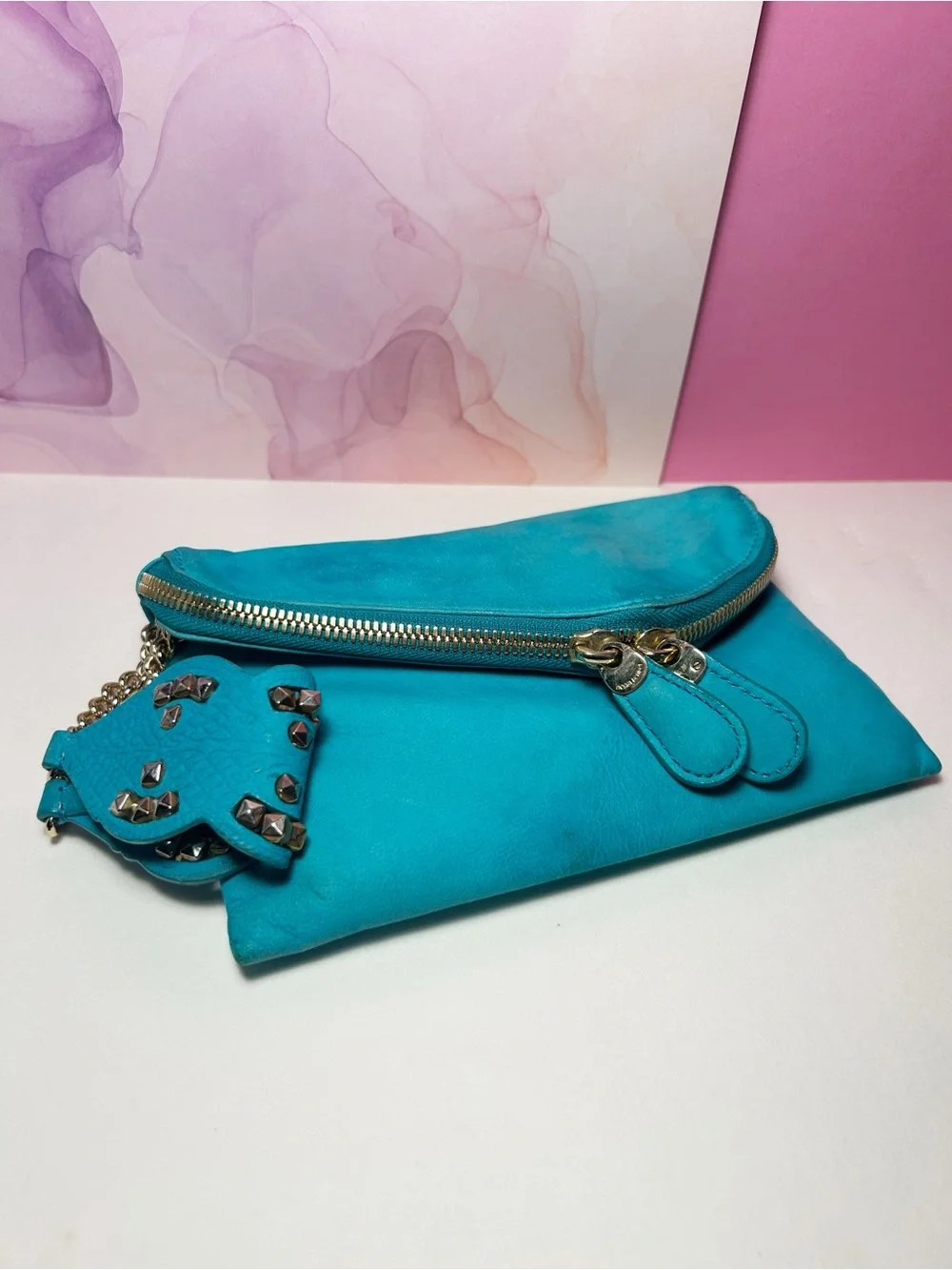 Henri Bendel Turquoise/Aqua Suede Fold Over Clutch Wristlet
